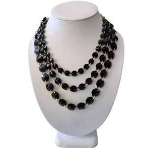 Triple Strand Faceted Black Glass Crystals Beaded Layered Necklace Gold‎ Chain